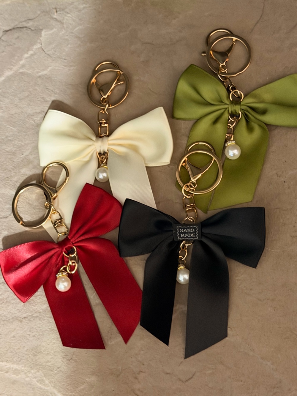 Satin Bow Bag Charm/Keychain with Pearl Charm - Multi Color